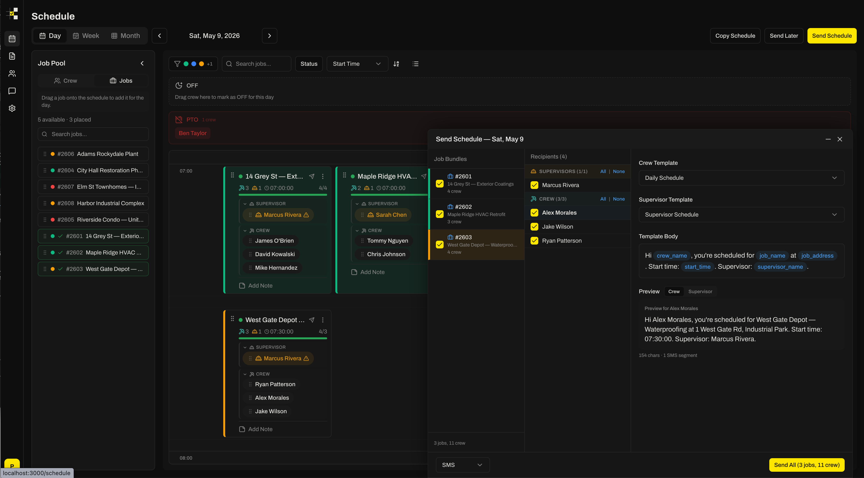 CrewSheet — day board with compose modal open